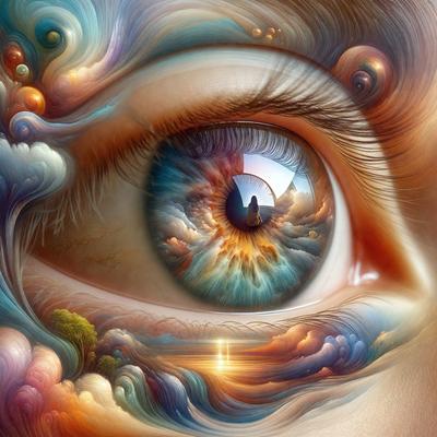 The primary subject of the image is a close-up of a person's eye, which is painted with a vibrant and colorful design. The eye is surrounded by a variety of colors and patterns, creating a visually striking and artistic representation. The setting is a cloudy sky, which serves as the backdrop for the eye's design. The visual style of the image is a combination of digital art and illustration, showcasing the artist's creativity and skill in creating a unique and captivating piece of art. The colors and mood of the image are lively and energetic, with the eye's design evoking a sense of wonder and imagination.